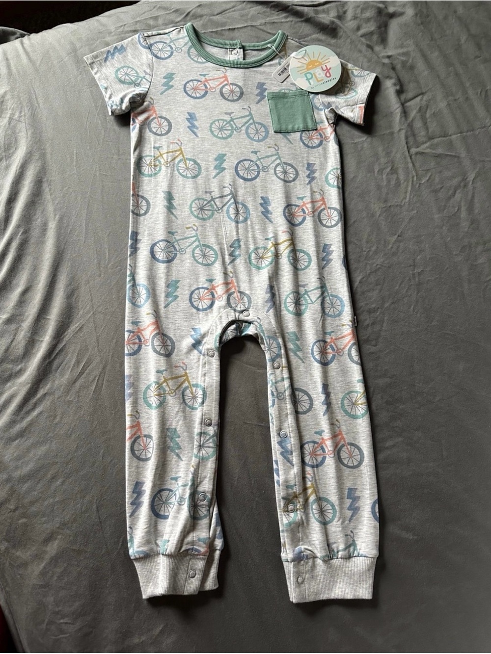 Little Sleepies Let’s Ride Gray Bicycle Short-Sleeve Romper